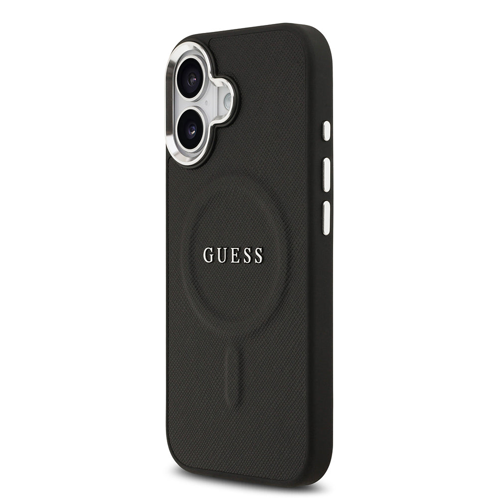 Apple iPhone 17 Kılıf Guess M-safe Şarj Özellikli Klasik Yazı Logolu PU Deri Kapak Siyah