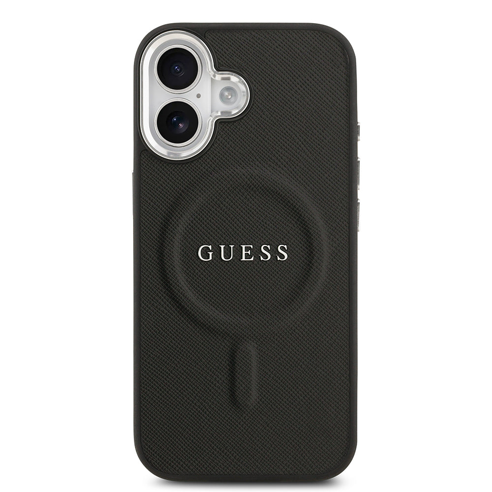 Apple iPhone 17 Kılıf Guess M-safe Şarj Özellikli Klasik Yazı Logolu PU Deri Kapak Siyah