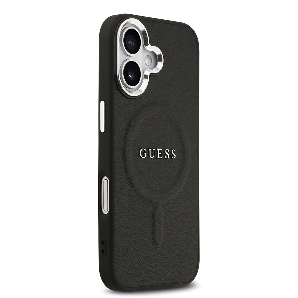 Apple iPhone 17 Kılıf Guess M-safe Şarj Özellikli Klasik Yazı Logolu PU Deri Kapak Siyah