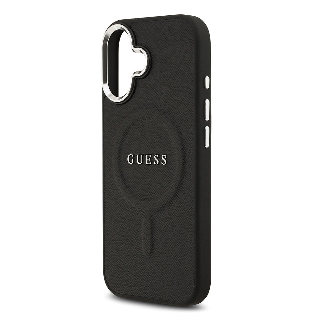 Apple iPhone 17 Kılıf Guess M-safe Şarj Özellikli Klasik Yazı Logolu PU Deri Kapak Siyah