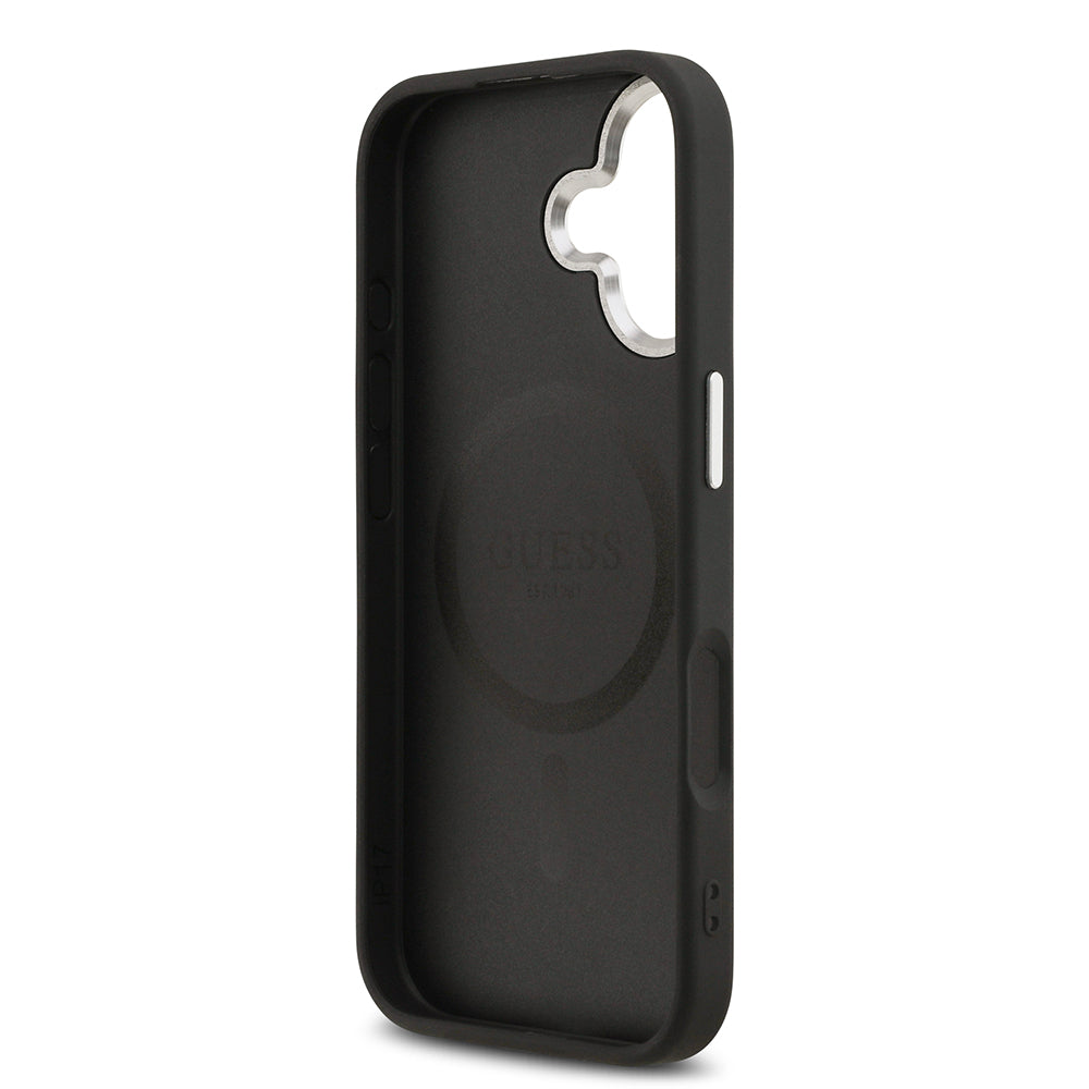 Apple iPhone 17 Kılıf Guess M-safe Şarj Özellikli Klasik Yazı Logolu PU Deri Kapak Siyah