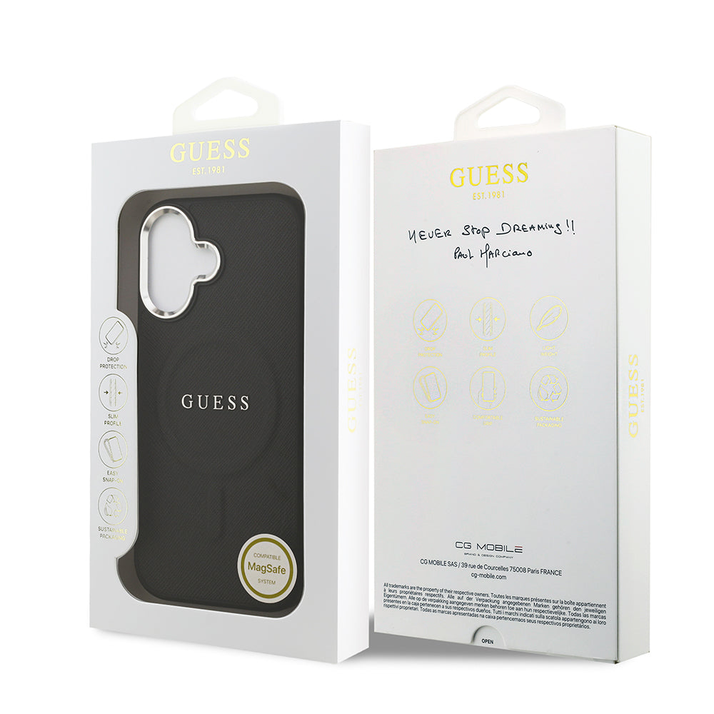 Apple iPhone 17 Kılıf Guess M-safe Şarj Özellikli Klasik Yazı Logolu PU Deri Kapak Siyah