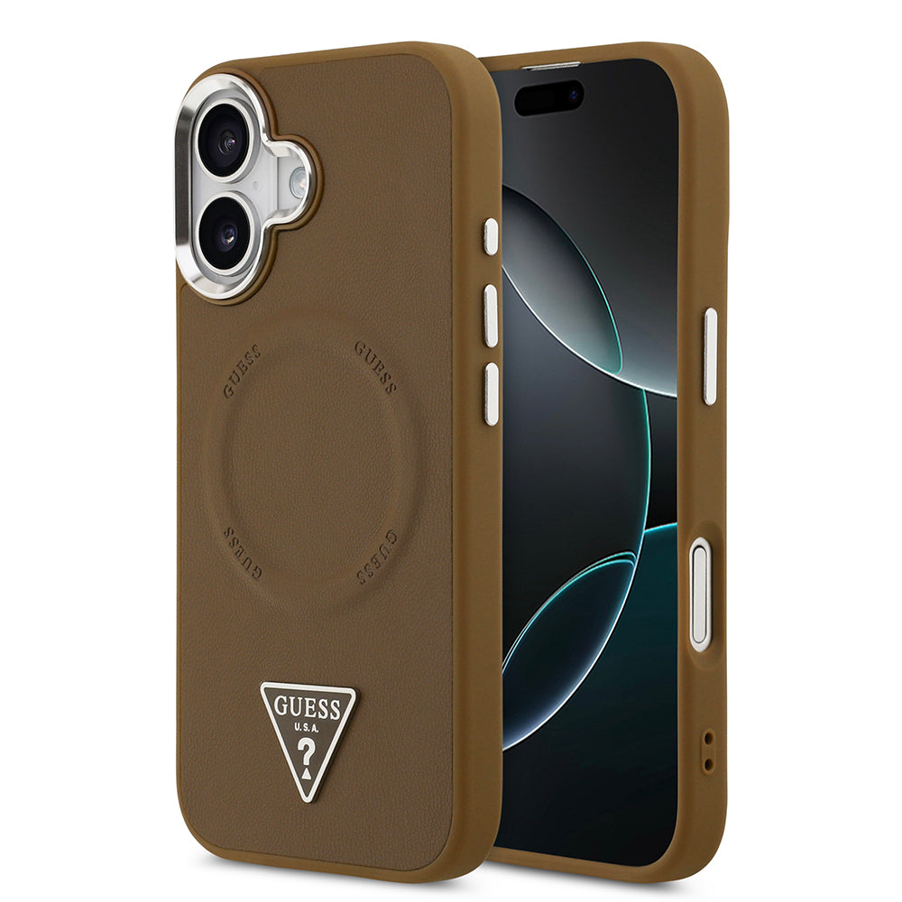 Apple iPhone 17 Kılıf Guess M-safe Şarj Özellikli PU Deri Metal Kamera Çerçeveli Üçgen Logolu Kapak Kahverengi