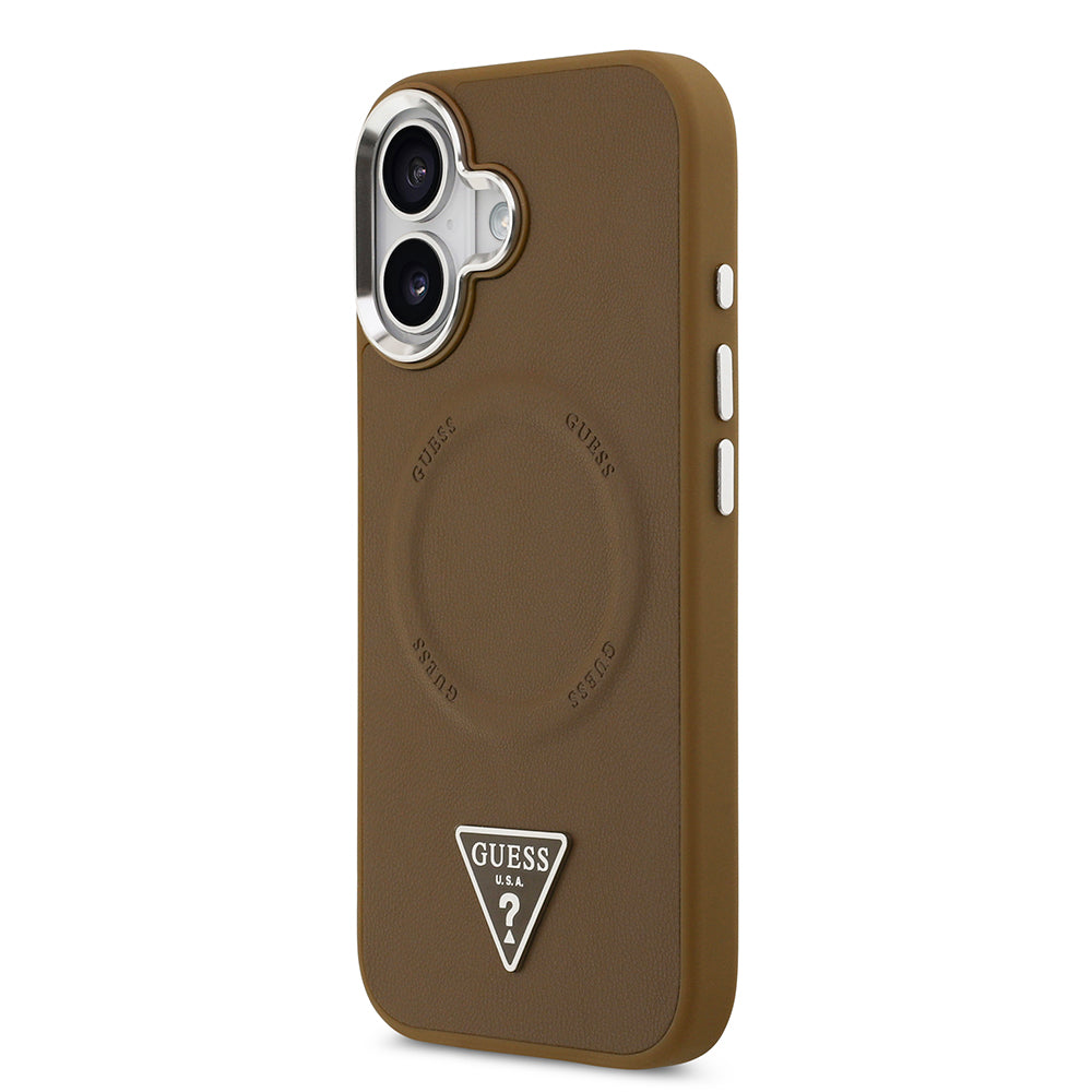 Apple iPhone 17 Kılıf Guess M-safe Şarj Özellikli PU Deri Metal Kamera Çerçeveli Üçgen Logolu Kapak Kahverengi