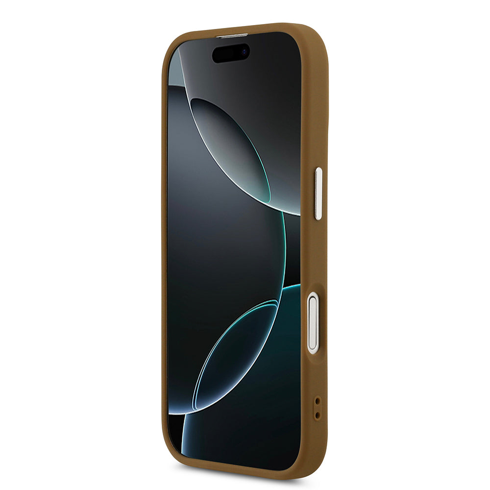 Apple iPhone 17 Kılıf Guess M-safe Şarj Özellikli PU Deri Metal Kamera Çerçeveli Üçgen Logolu Kapak Kahverengi