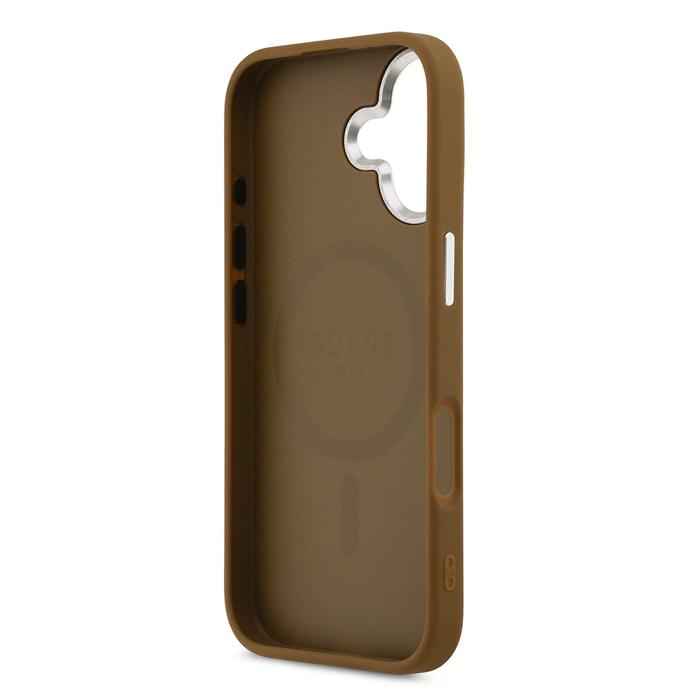 Apple iPhone 17 Kılıf Guess M-safe Şarj Özellikli PU Deri Metal Kamera Çerçeveli Üçgen Logolu Kapak Kahverengi
