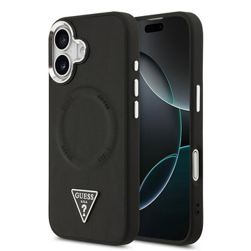 Apple iPhone 17 Kılıf Guess M-safe Şarj Özellikli PU Deri Metal Kamera Çerçeveli Üçgen Logolu Kapak Siyah