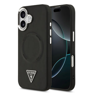 Apple iPhone 17 Kılıf Guess M-safe Şarj Özellikli PU Deri Metal Kamera Çerçeveli Üçgen Logolu Kapak Siyah