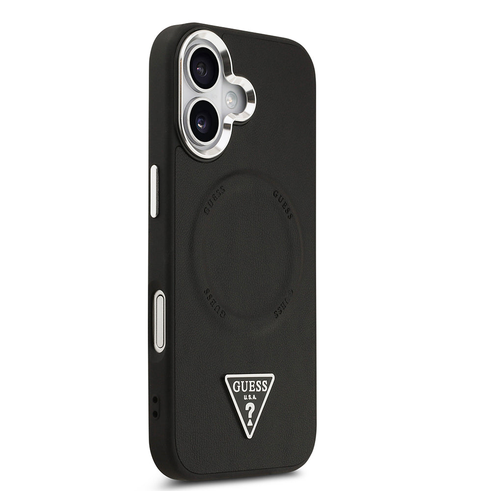 Apple iPhone 17 Kılıf Guess M-safe Şarj Özellikli PU Deri Metal Kamera Çerçeveli Üçgen Logolu Kapak Siyah