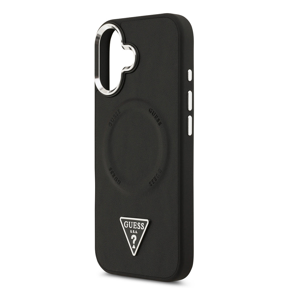 Apple iPhone 17 Kılıf Guess M-safe Şarj Özellikli PU Deri Metal Kamera Çerçeveli Üçgen Logolu Kapak Siyah
