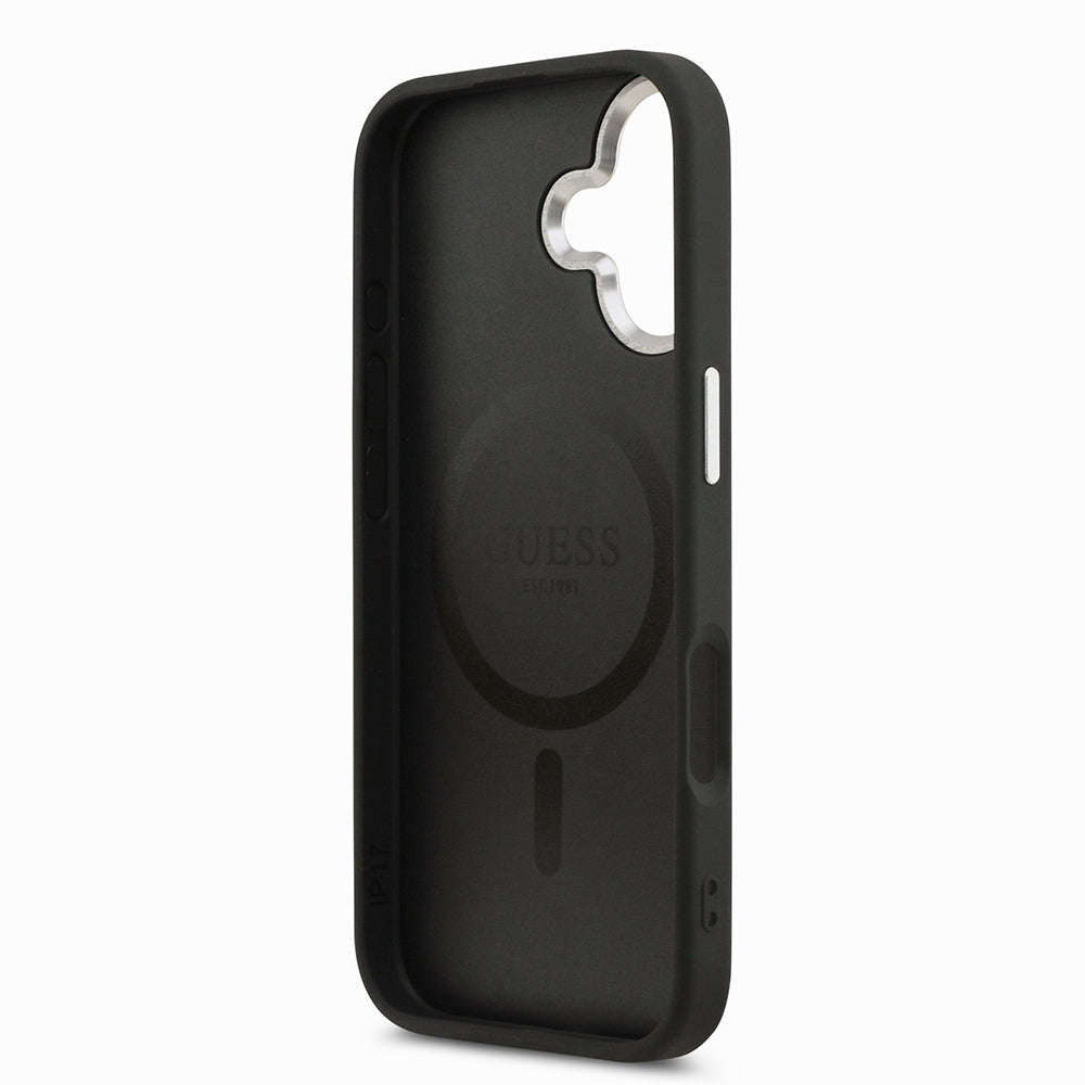 Apple iPhone 17 Kılıf Guess M-safe Şarj Özellikli PU Deri Metal Kamera Çerçeveli Üçgen Logolu Kapak Siyah