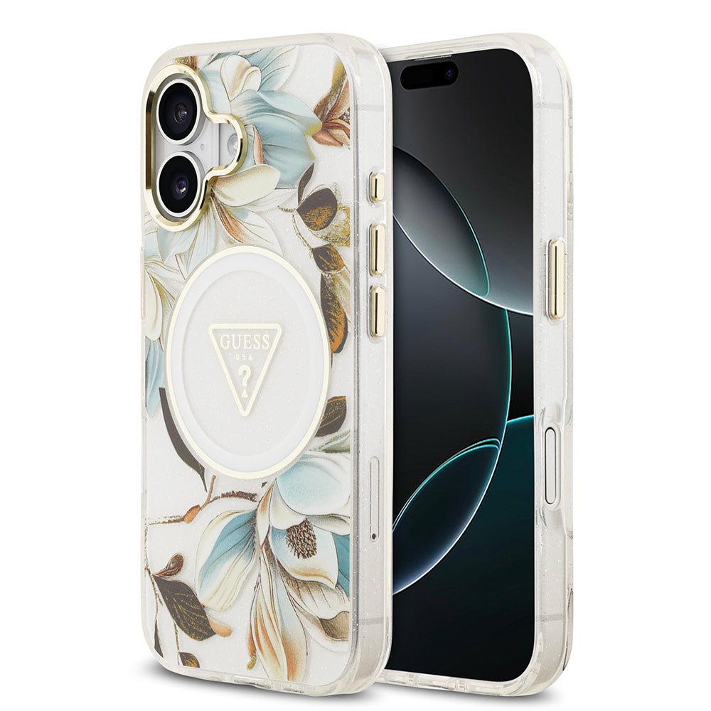 Apple iPhone 17 Kılıf Guess M-safe Şarj Özellikli Simli Çiçek Desenli Üçgen Logolu Kapak Beyaz