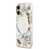 Apple iPhone 17 Kılıf Guess M-safe Şarj Özellikli Simli Çiçek Desenli Üçgen Logolu Kapak Beyaz