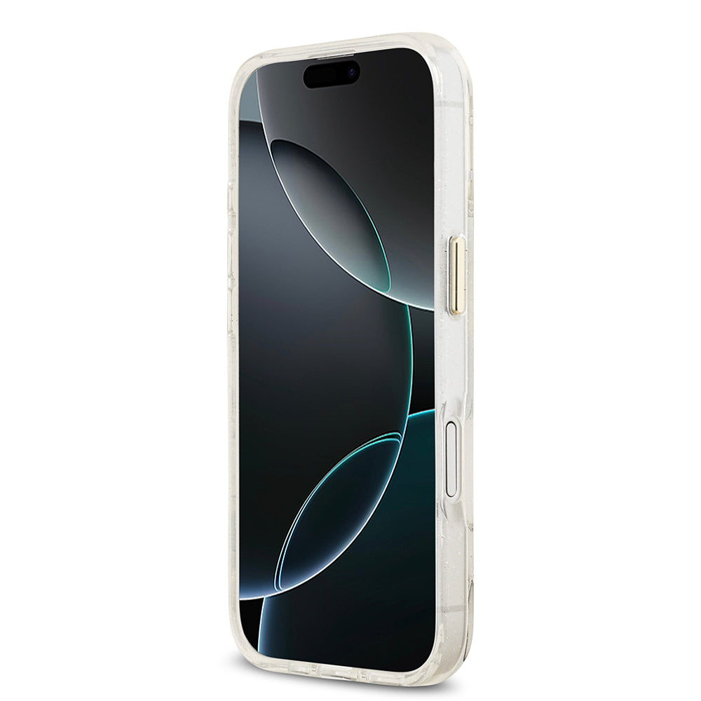 Apple iPhone 17 Kılıf Guess M-safe Şarj Özellikli Simli Çiçek Desenli Üçgen Logolu Kapak Beyaz