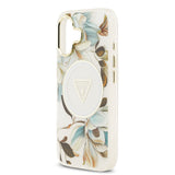 Apple iPhone 17 Kılıf Guess M-safe Şarj Özellikli Simli Çiçek Desenli Üçgen Logolu Kapak Beyaz