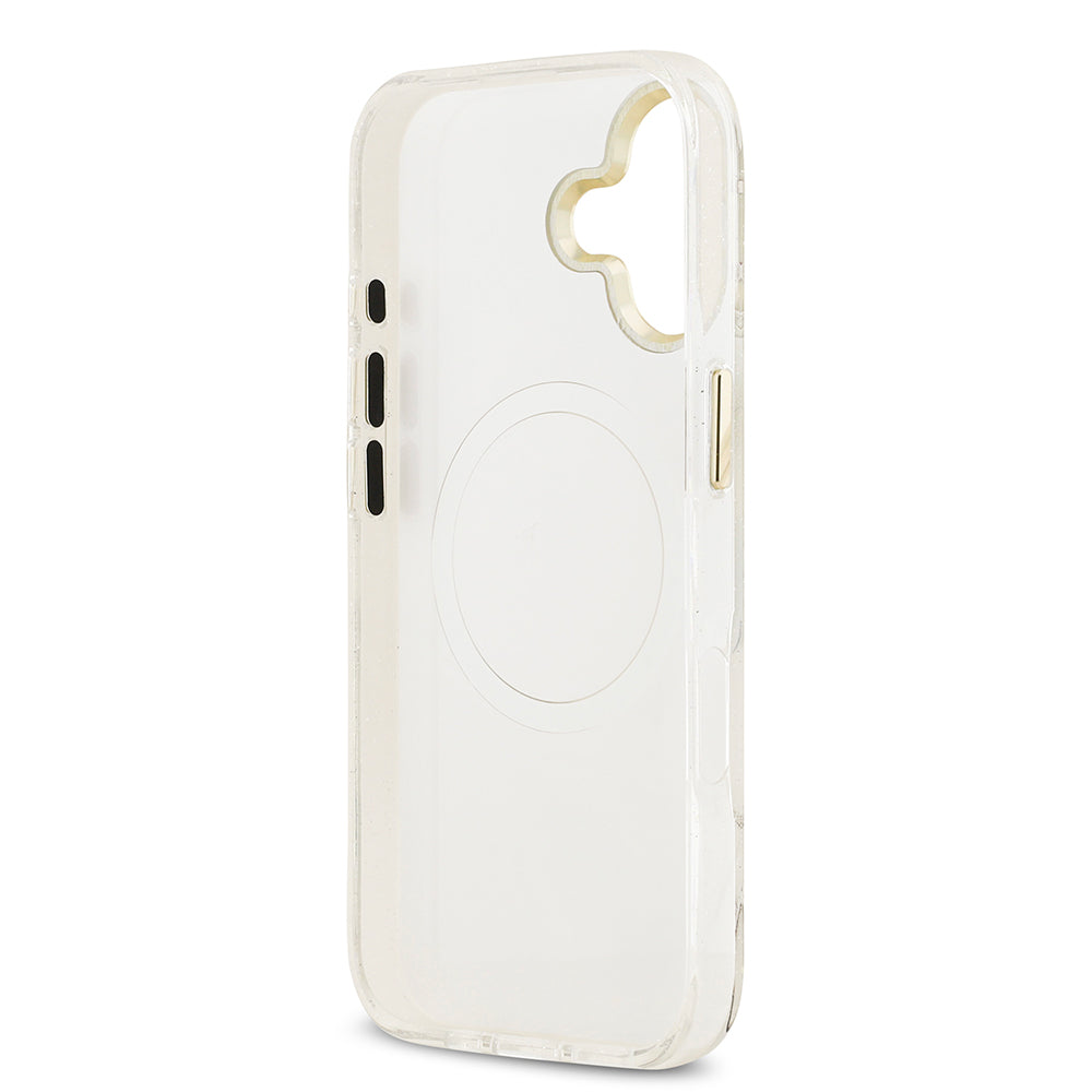 Apple iPhone 17 Kılıf Guess M-safe Şarj Özellikli Simli Çiçek Desenli Üçgen Logolu Kapak Beyaz