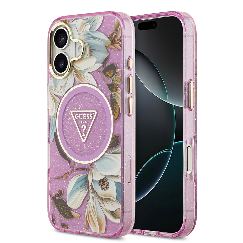 Apple iPhone 17 Kılıf Guess M-safe Şarj Özellikli Simli Çiçek Desenli Üçgen Logolu Kapak Mor