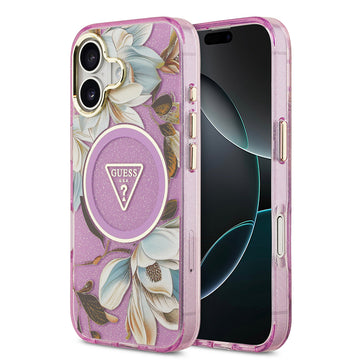 Apple iPhone 17 Kılıf Guess M-safe Şarj Özellikli Simli Çiçek Desenli Üçgen Logolu Kapak Mor