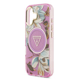 Apple iPhone 17 Kılıf Guess M-safe Şarj Özellikli Simli Çiçek Desenli Üçgen Logolu Kapak Mor