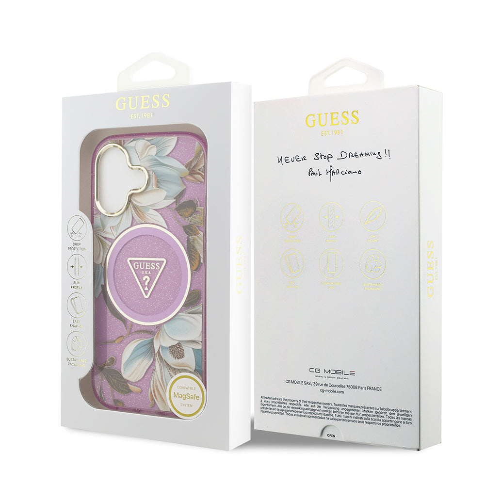 Apple iPhone 17 Kılıf Guess M-safe Şarj Özellikli Simli Çiçek Desenli Üçgen Logolu Kapak Mor