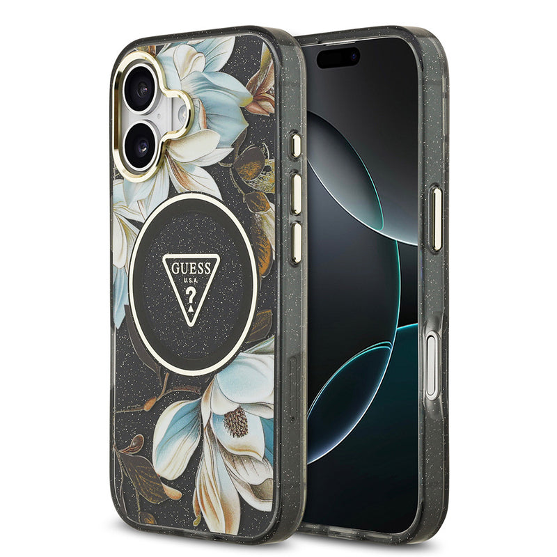 Apple iPhone 17 Kılıf Guess M-safe Şarj Özellikli Simli Çiçek Desenli Üçgen Logolu Kapak Siyah