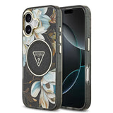 Apple iPhone 17 Kılıf Guess M-safe Şarj Özellikli Simli Çiçek Desenli Üçgen Logolu Kapak Siyah