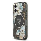 Apple iPhone 17 Kılıf Guess M-safe Şarj Özellikli Simli Çiçek Desenli Üçgen Logolu Kapak Siyah