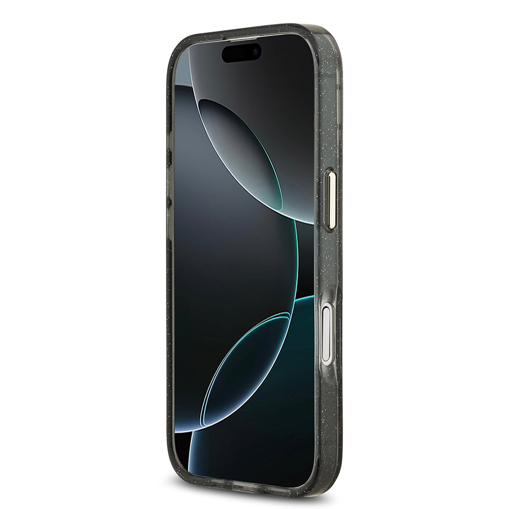 Apple iPhone 17 Kılıf Guess M-safe Şarj Özellikli Simli Çiçek Desenli Üçgen Logolu Kapak Siyah