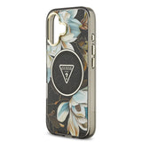 Apple iPhone 17 Kılıf Guess M-safe Şarj Özellikli Simli Çiçek Desenli Üçgen Logolu Kapak Siyah