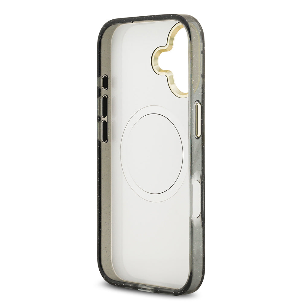 Apple iPhone 17 Kılıf Guess M-safe Şarj Özellikli Simli Çiçek Desenli Üçgen Logolu Kapak Siyah