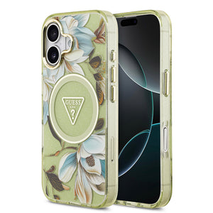 Apple iPhone 17 Kılıf Guess M-safe Şarj Özellikli Simli Çiçek Desenli Üçgen Logolu Kapak Yeşil