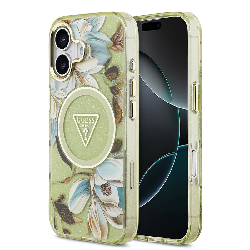 Apple iPhone 17 Kılıf Guess M-safe Şarj Özellikli Simli Çiçek Desenli Üçgen Logolu Kapak Yeşil
