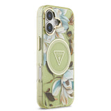 Apple iPhone 17 Kılıf Guess M-safe Şarj Özellikli Simli Çiçek Desenli Üçgen Logolu Kapak Yeşil