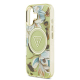 Apple iPhone 17 Kılıf Guess M-safe Şarj Özellikli Simli Çiçek Desenli Üçgen Logolu Kapak Yeşil