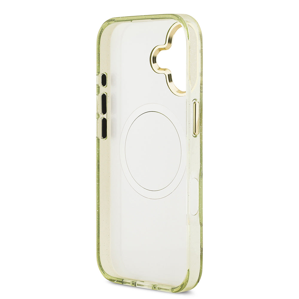 Apple iPhone 17 Kılıf Guess M-safe Şarj Özellikli Simli Çiçek Desenli Üçgen Logolu Kapak Yeşil