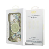 Apple iPhone 17 Kılıf Guess M-safe Şarj Özellikli Simli Çiçek Desenli Üçgen Logolu Kapak Yeşil