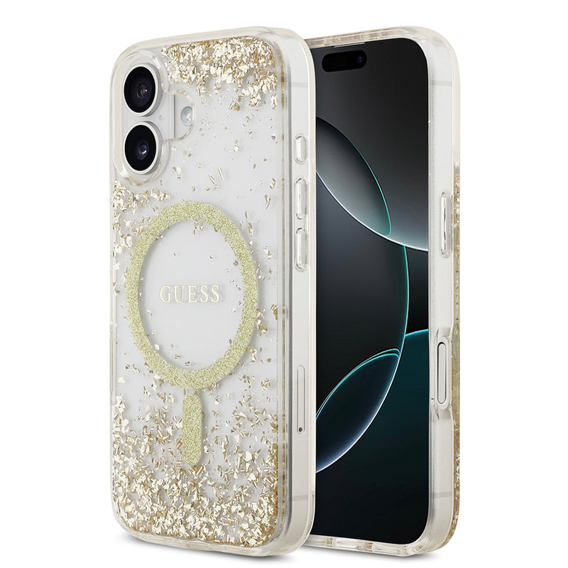 Apple iPhone 17 Kılıf Guess M-safe Şarj Özellikli Transparan Resin Bottom Pullu Kapak Gold