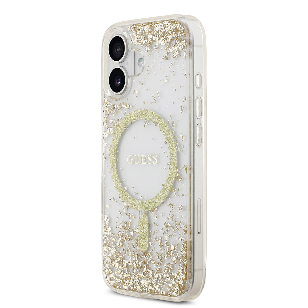 Apple iPhone 17 Kılıf Guess M-safe Şarj Özellikli Transparan Resin Bottom Pullu Kapak Gold