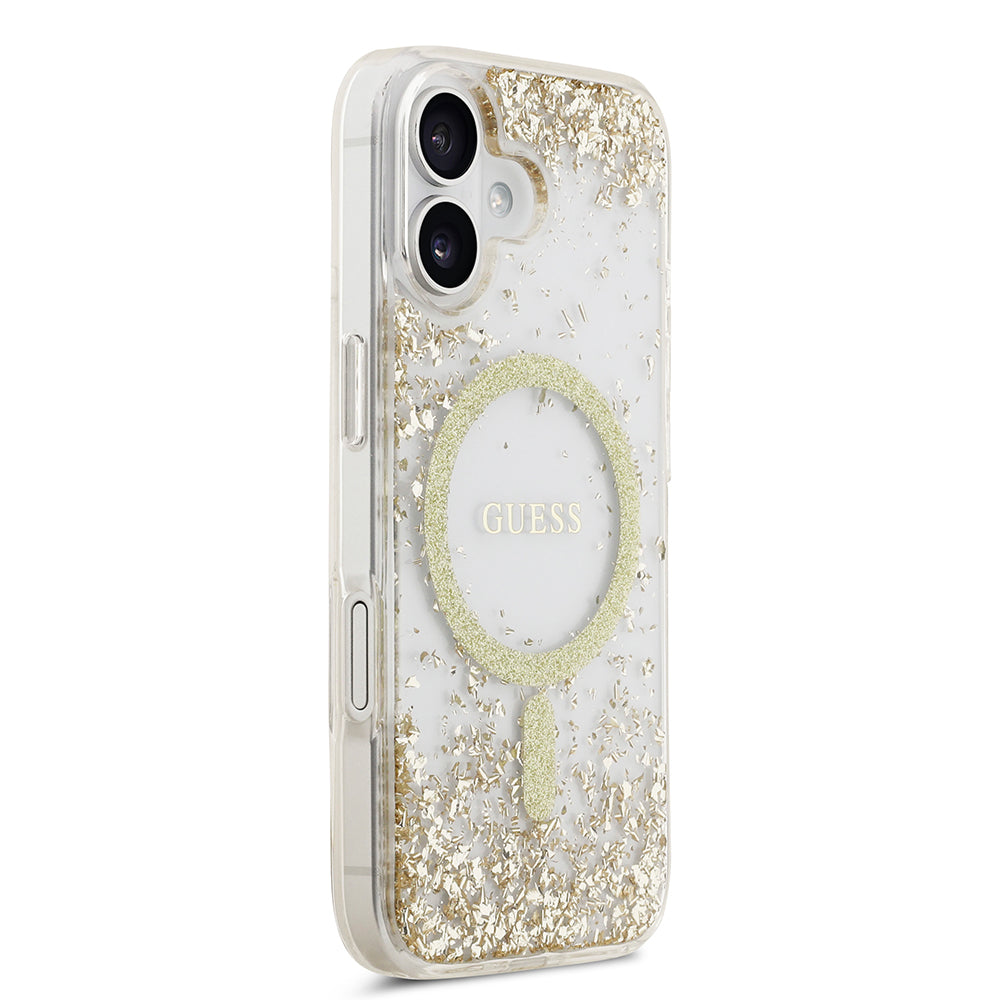 Apple iPhone 17 Kılıf Guess M-safe Şarj Özellikli Transparan Resin Bottom Pullu Kapak Gold