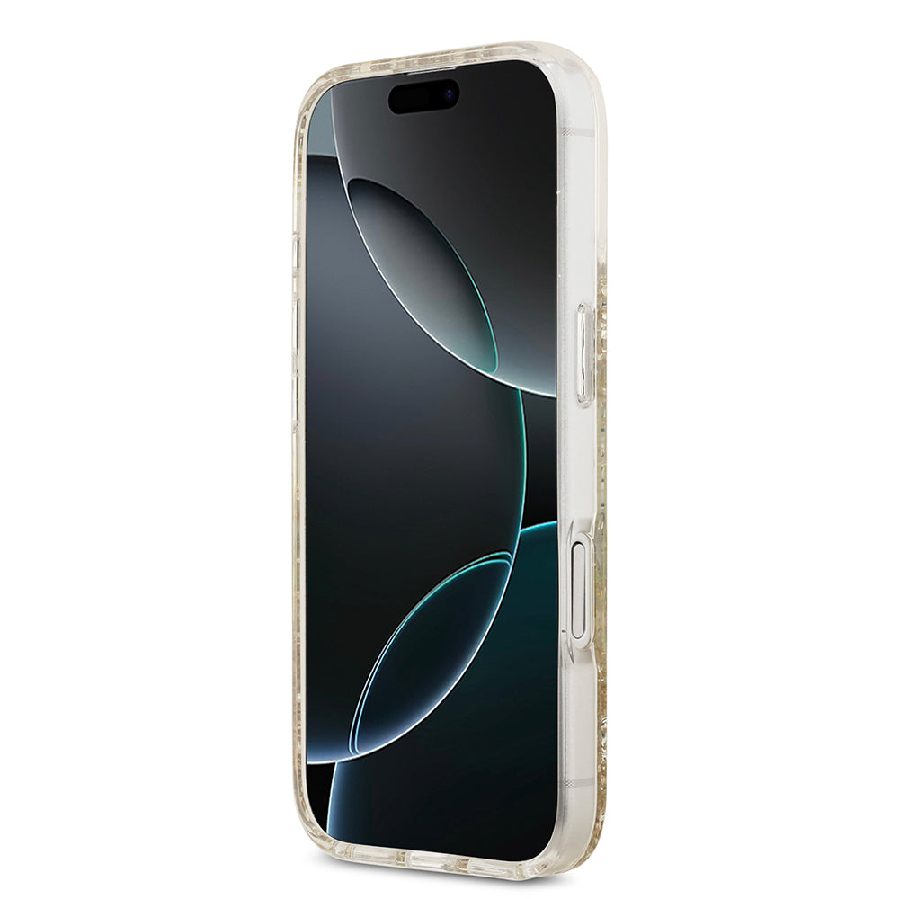 Apple iPhone 17 Kılıf Guess M-safe Şarj Özellikli Transparan Resin Bottom Pullu Kapak Gold