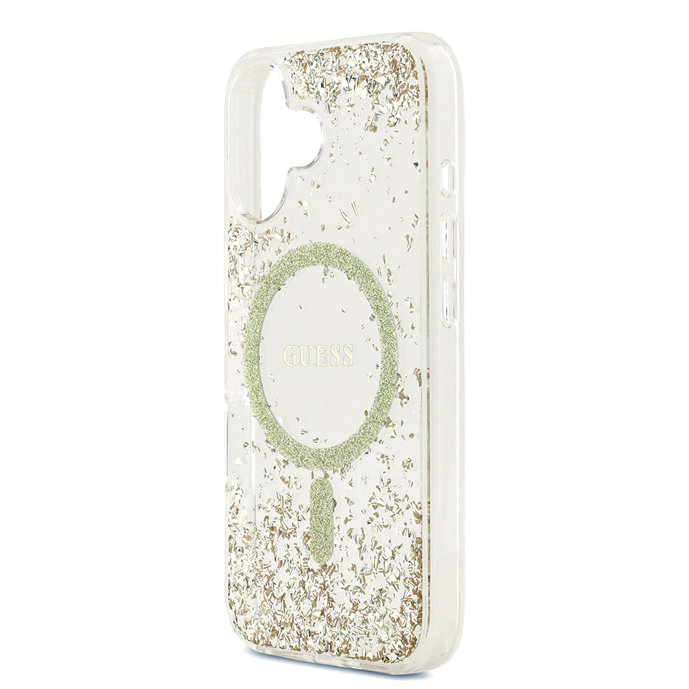 Apple iPhone 17 Kılıf Guess M-safe Şarj Özellikli Transparan Resin Bottom Pullu Kapak Gold