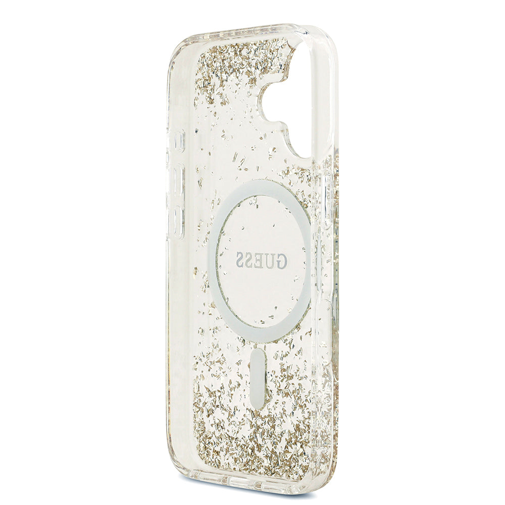 Apple iPhone 17 Kılıf Guess M-safe Şarj Özellikli Transparan Resin Bottom Pullu Kapak Gold