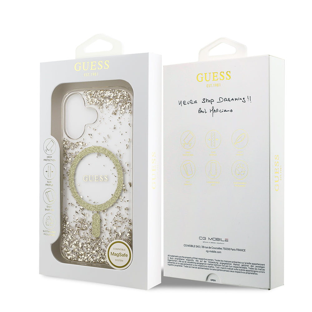 Apple iPhone 17 Kılıf Guess M-safe Şarj Özellikli Transparan Resin Bottom Pullu Kapak Gold
