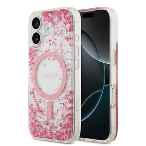 Apple iPhone 17 Kılıf Guess M-safe Şarj Özellikli Transparan Resin Bottom Pullu Kapak Pembe