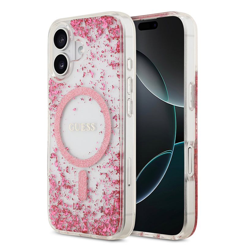 Apple iPhone 17 Kılıf Guess M-safe Şarj Özellikli Transparan Resin Bottom Pullu Kapak Pembe