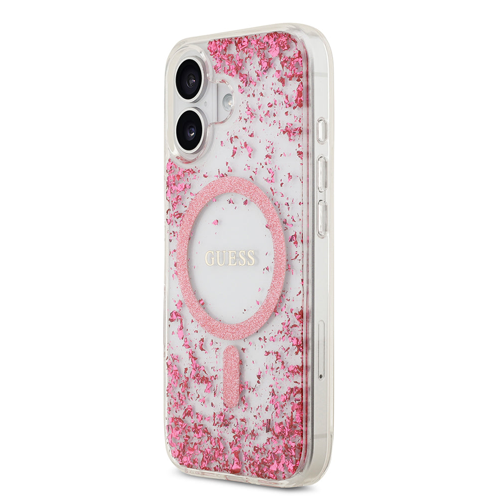 Apple iPhone 17 Kılıf Guess M-safe Şarj Özellikli Transparan Resin Bottom Pullu Kapak Pembe