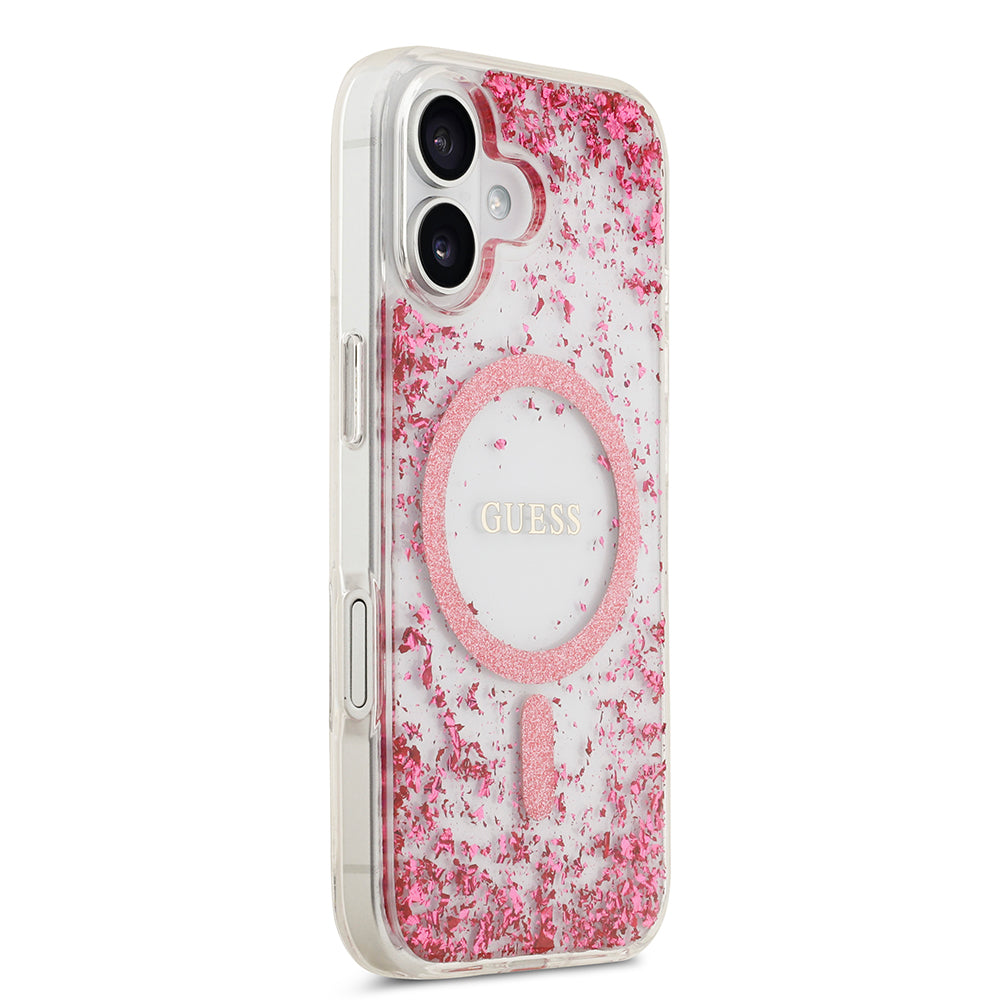 Apple iPhone 17 Kılıf Guess M-safe Şarj Özellikli Transparan Resin Bottom Pullu Kapak Pembe
