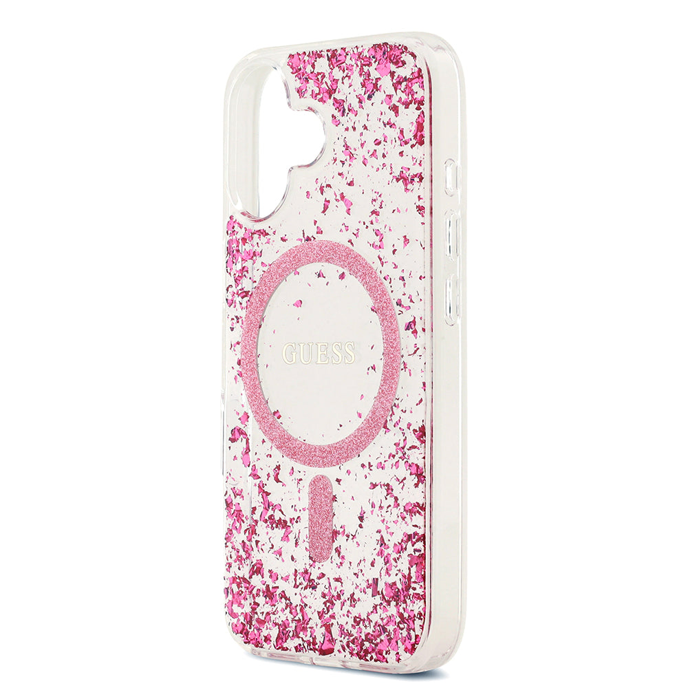 Apple iPhone 17 Kılıf Guess M-safe Şarj Özellikli Transparan Resin Bottom Pullu Kapak Pembe