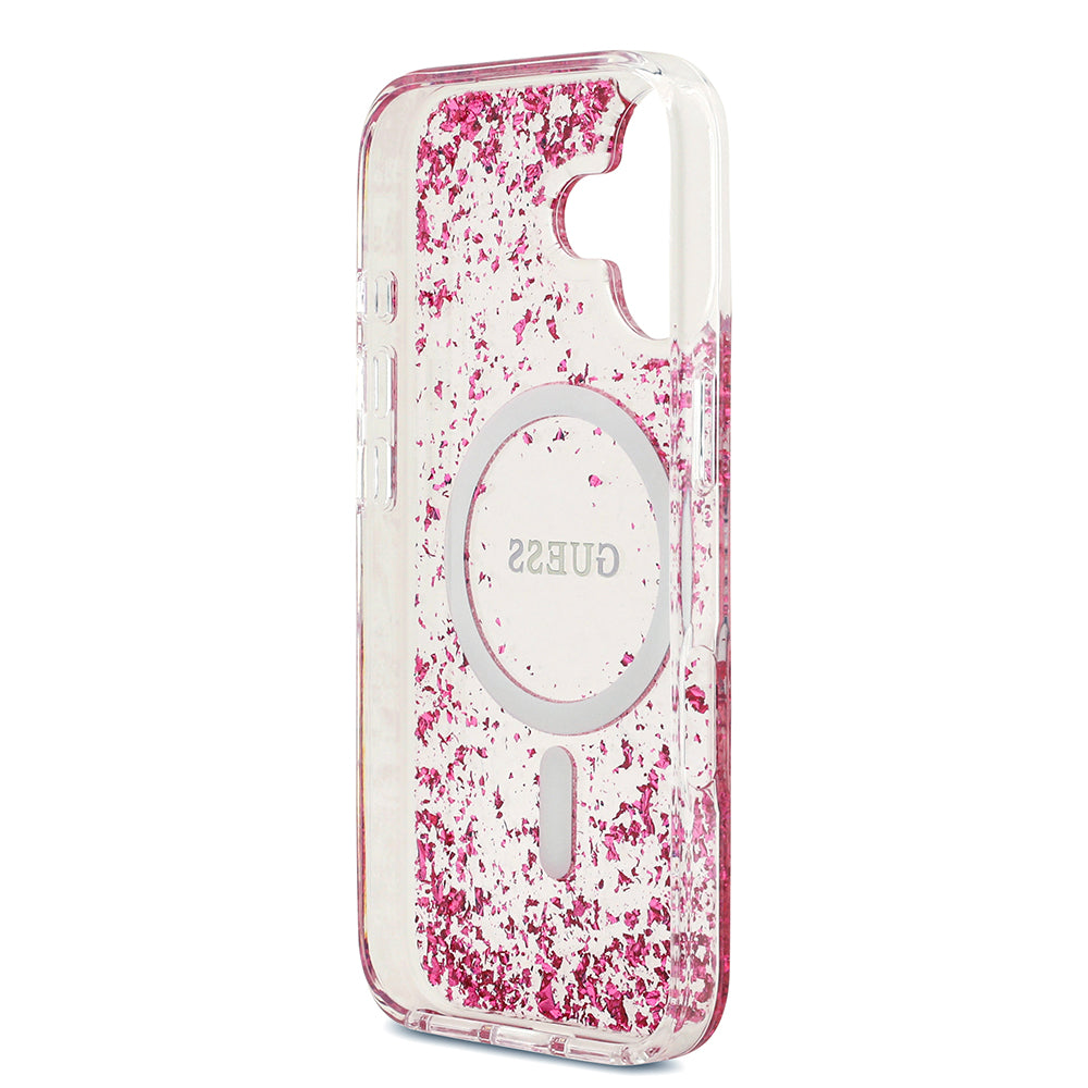 Apple iPhone 17 Kılıf Guess M-safe Şarj Özellikli Transparan Resin Bottom Pullu Kapak Pembe