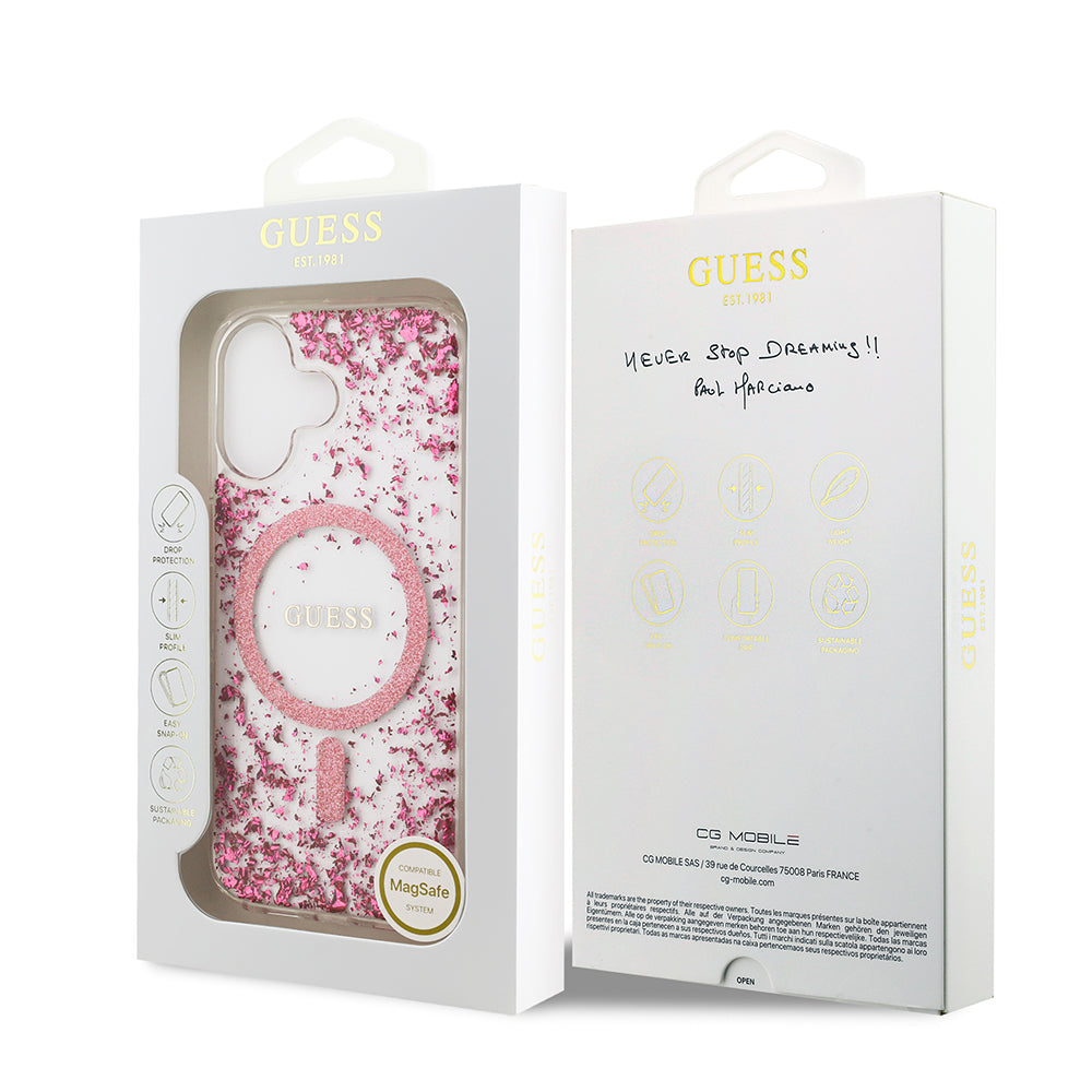 Apple iPhone 17 Kılıf Guess M-safe Şarj Özellikli Transparan Resin Bottom Pullu Kapak Pembe